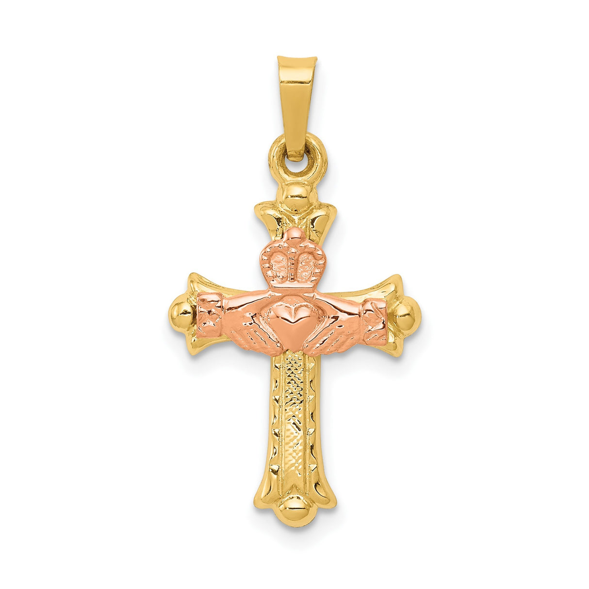 14k Two-Tone Gold Claddagh Cross Pendant with Heart, Hands, and Crown Symbol