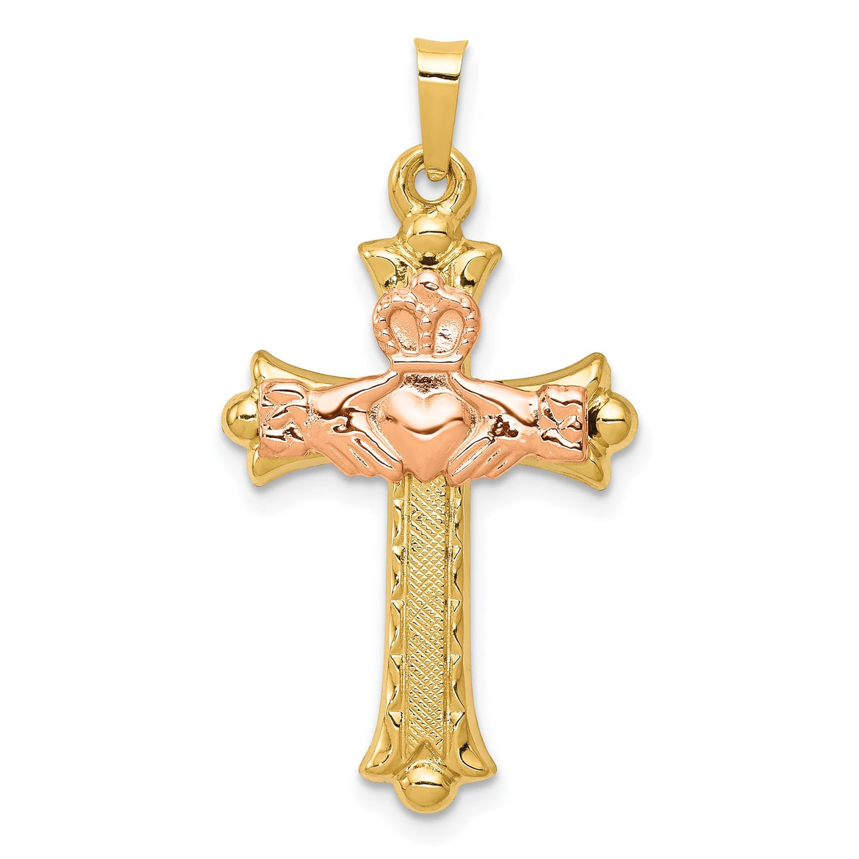 14k Two-Tone Gold Claddagh Cross Pendant with Heart, Crown, and Hands Symbol