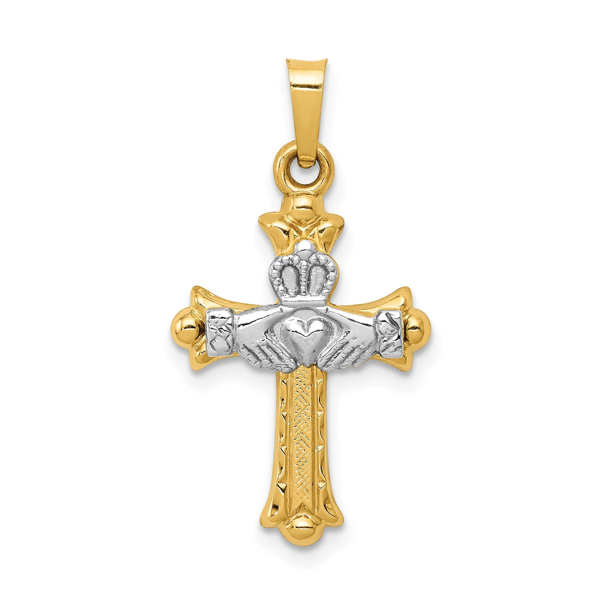 14k Two-Tone Gold Claddagh Cross Pendant with Celtic and Christian Symbols for Women