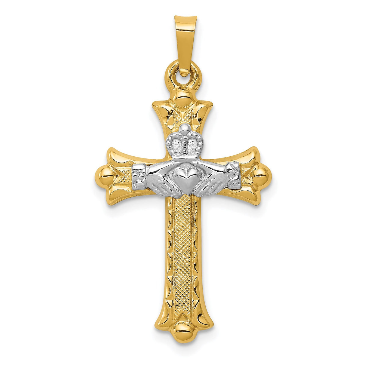 14k Two-Tone Gold Cross Pendant with Claddagh Heart and Celtic Christian Symbol