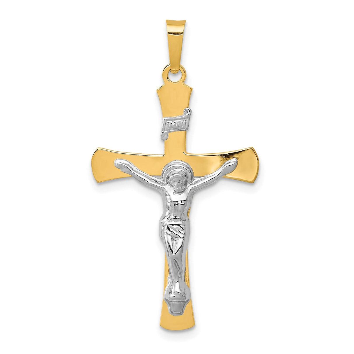 14k Two-Tone Gold Crucifix Pendant with Polished Jesus Figure and INRI Cross Charm