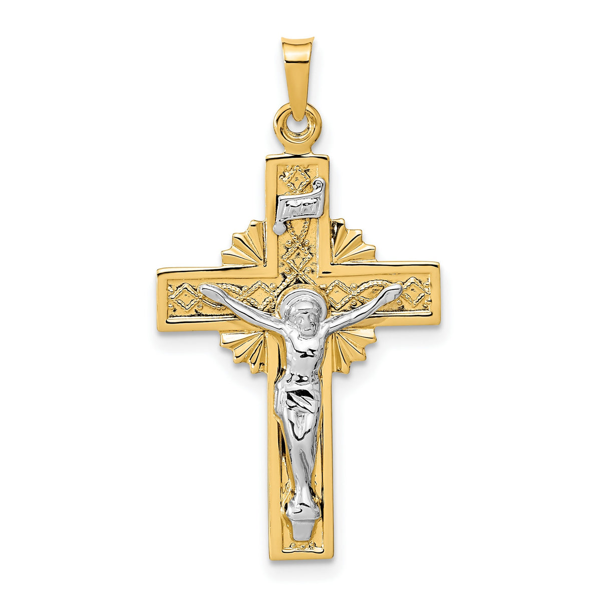 14k Yellow and White Gold Crucifix Cross Pendant with INRI Detailing Religious Charm