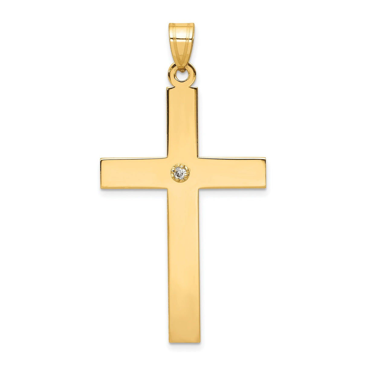 14k Yellow Gold Cross Pendant with Diamond Center, Polished Christian Jewelry for Men and Women