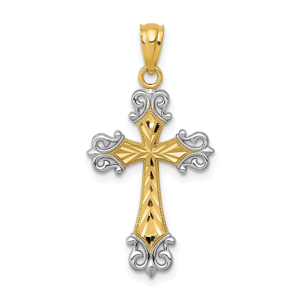14k Two-Tone Gold Cross Pendant with Scrollwork Engraving for Women
