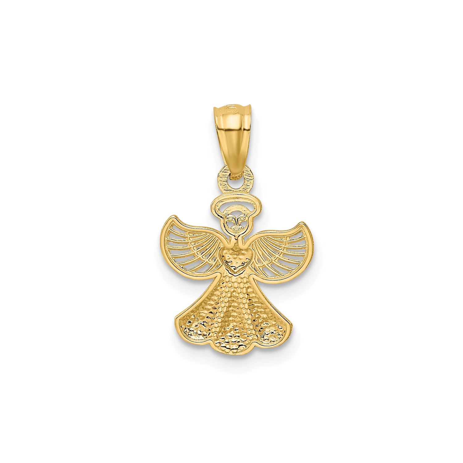 14k Yellow Gold Angel Pendant with Heart Centerpiece, Spiritual Charm for Women or Unisex
