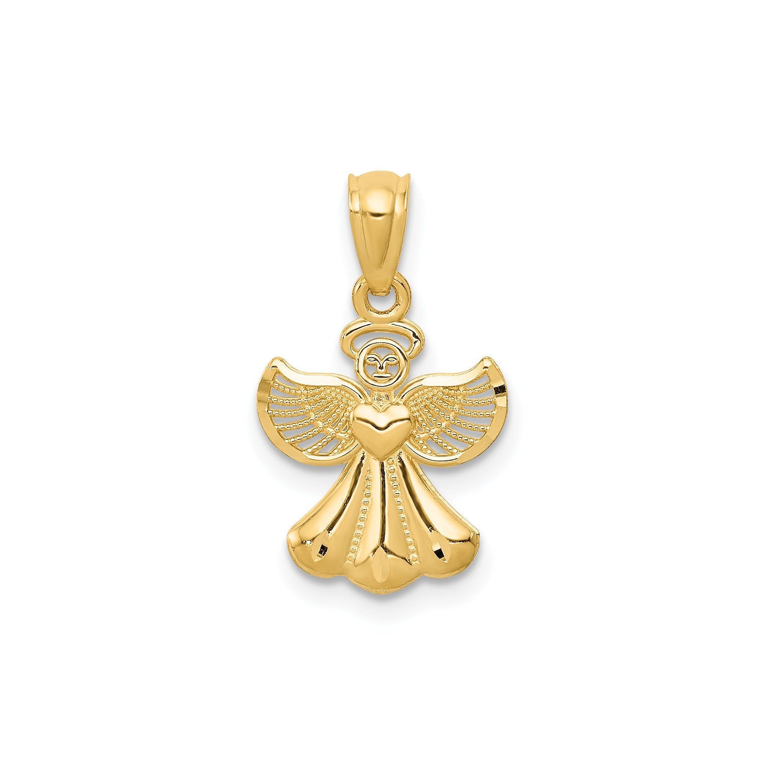 14k Yellow Gold Angel Pendant with Heart Centerpiece, Spiritual Charm for Women or Unisex