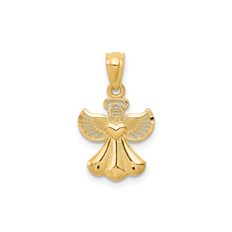 14k Yellow Gold Angel Pendant with Heart Centerpiece, Spiritual Charm for Women or Unisex