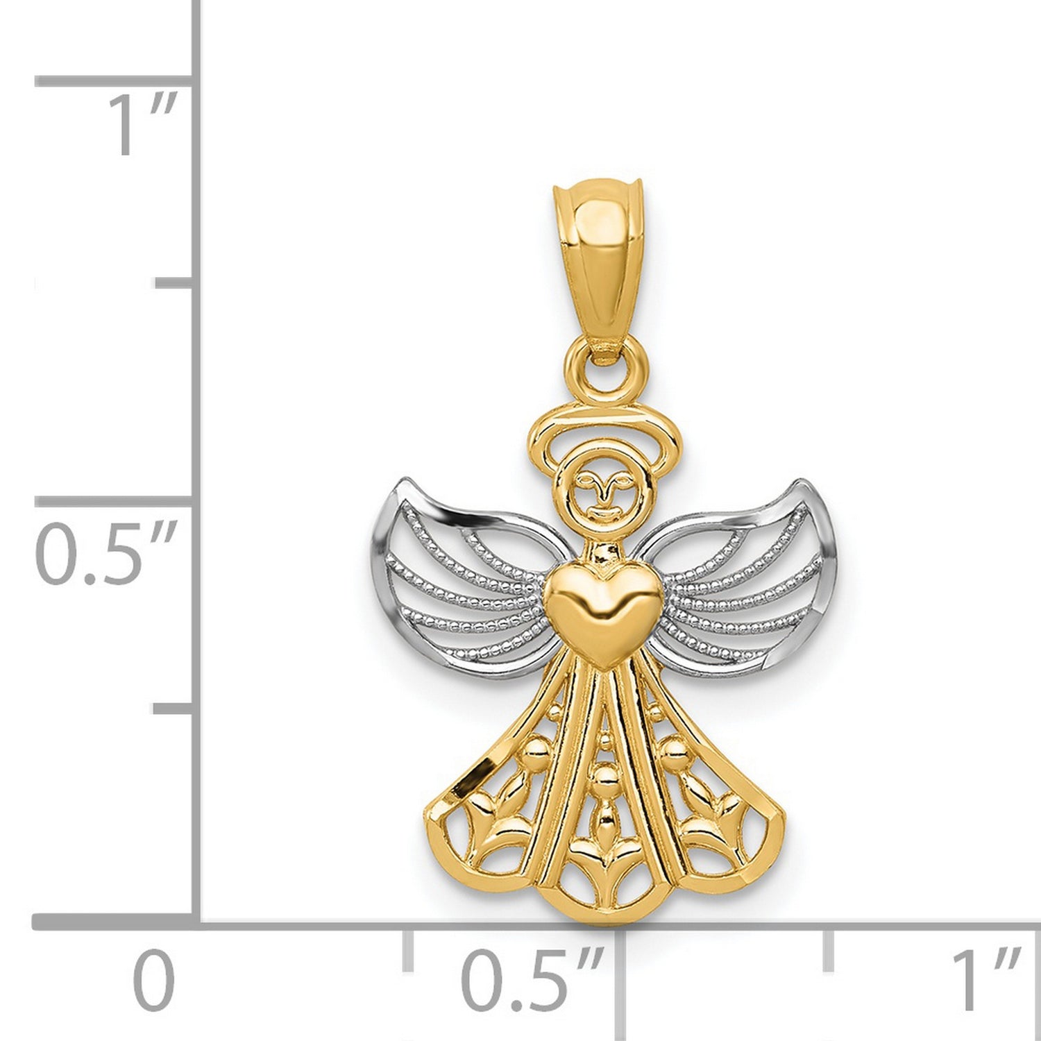 14k Multi-Tone Gold Angel Heart Pendant with Filigree Wings, Christian Faith Jewelry