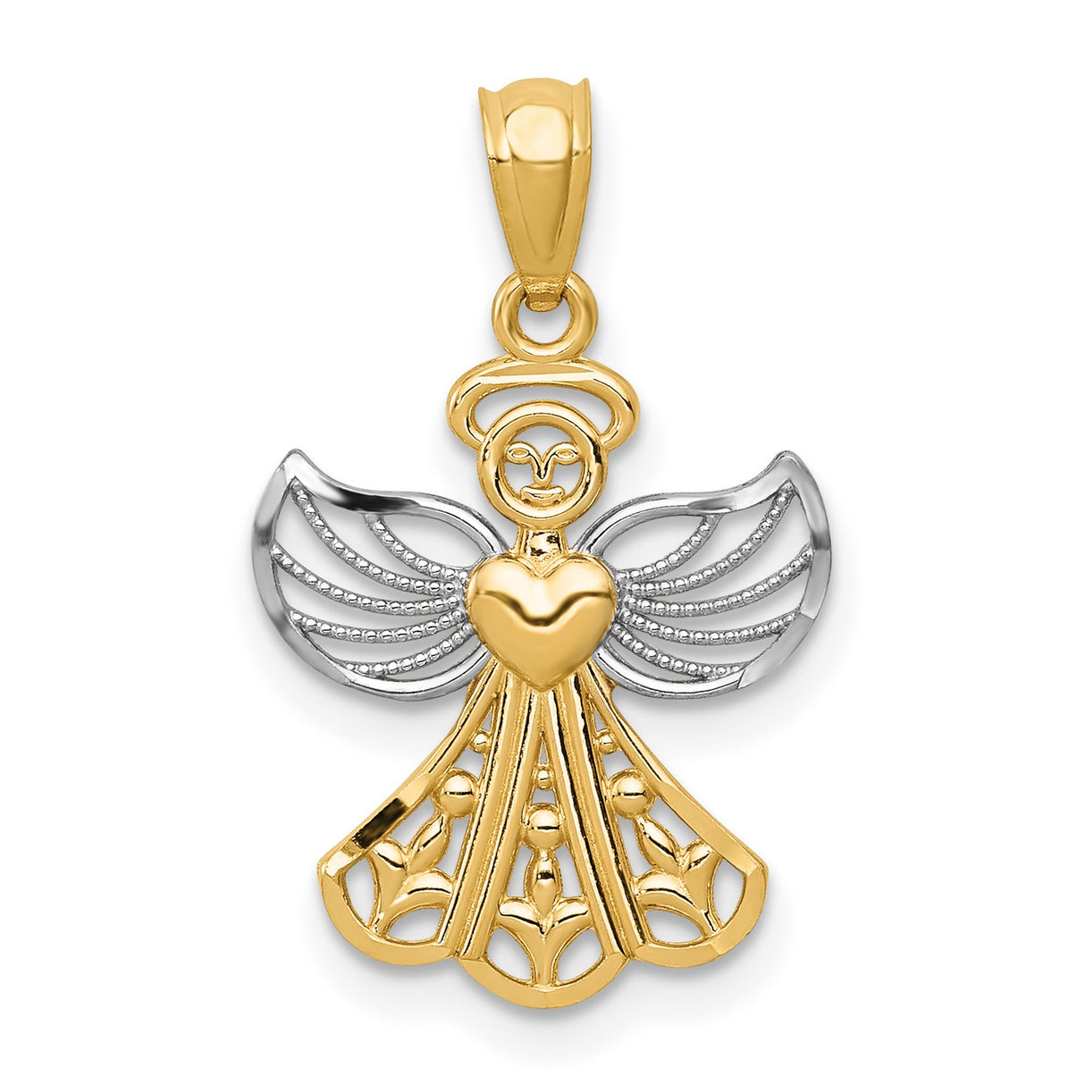 14k Multi-Tone Gold Angel Heart Pendant with Filigree Wings, Christian Faith Jewelry