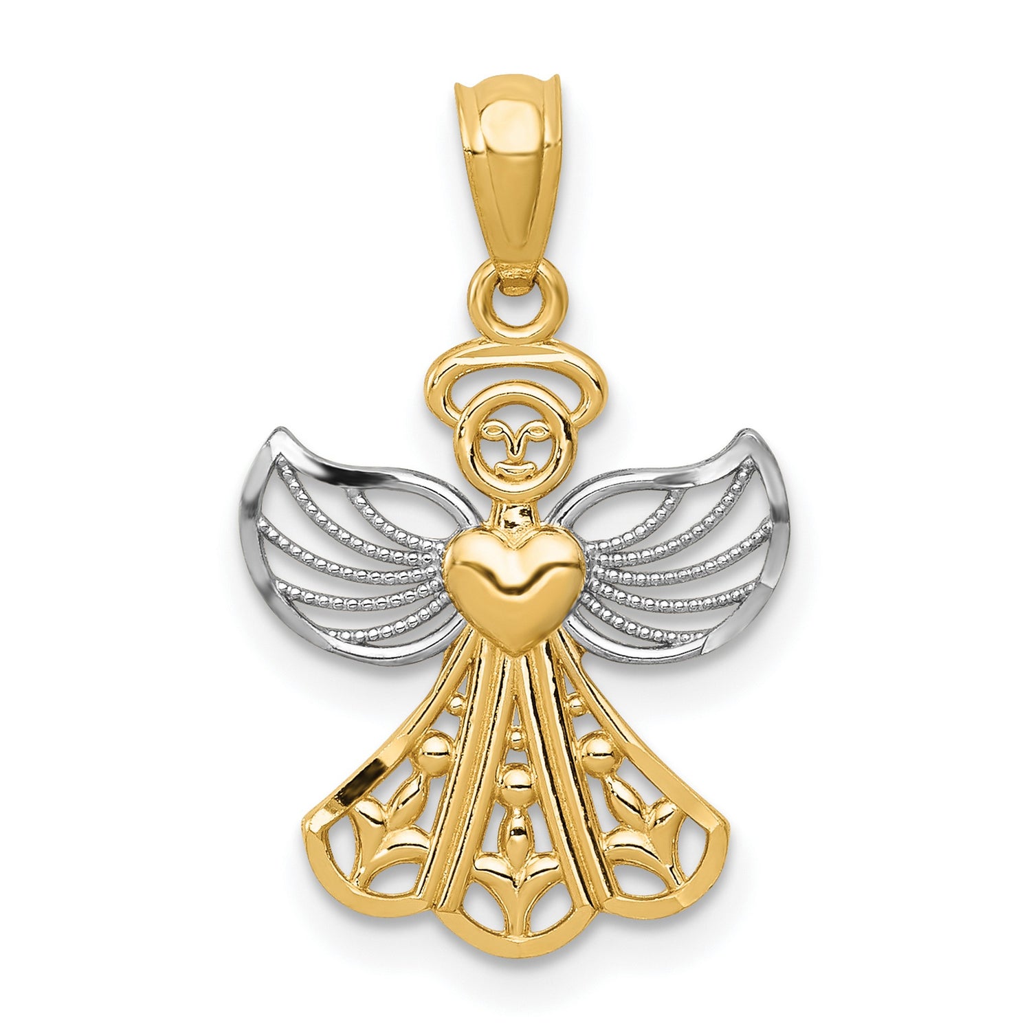 14k Multi-Tone Gold Angel Heart Pendant with Filigree Wings, Christian Faith Jewelry