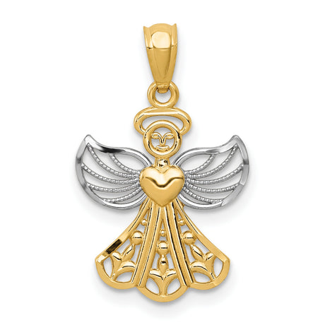 14k Multi-Tone Gold Angel Heart Pendant with Filigree Wings, Christian Faith Jewelry