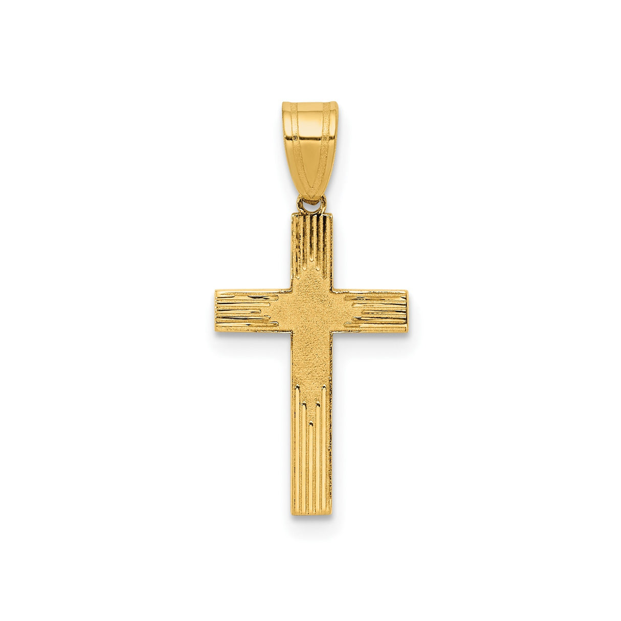 14k Yellow Gold Cross Pendant with Textured and Lined Design, Polished Christian Symbol