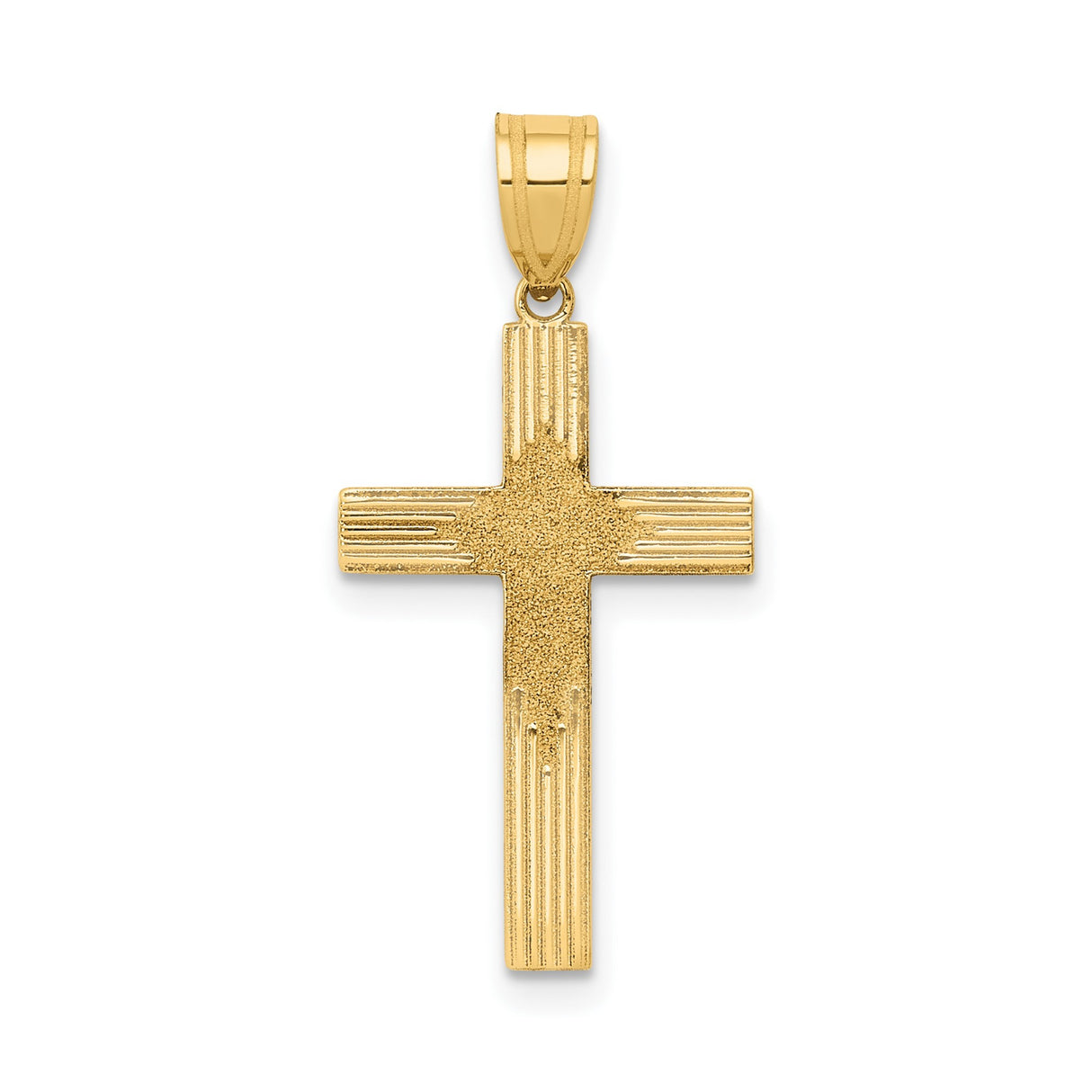 14k Yellow Gold Cross Pendant with Textured Center and Polished Ridged Arms, Christian Symbol for Men or Unisex