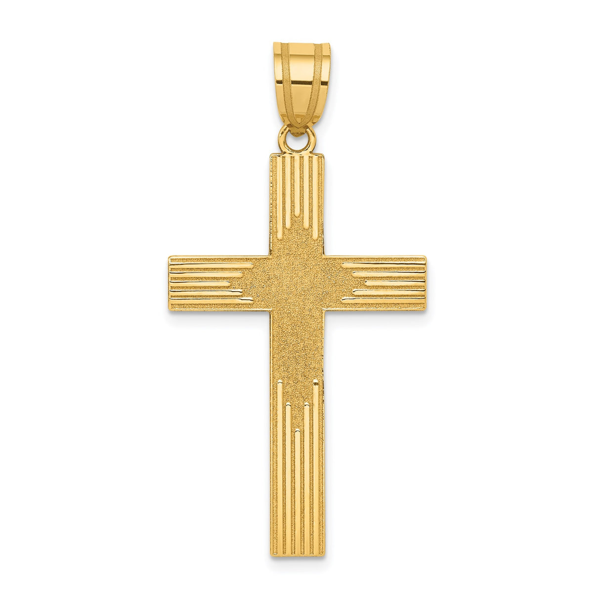 14k Yellow Gold Cross Pendant, Textured Linear Christian Religious Charm for Men or Unisex
