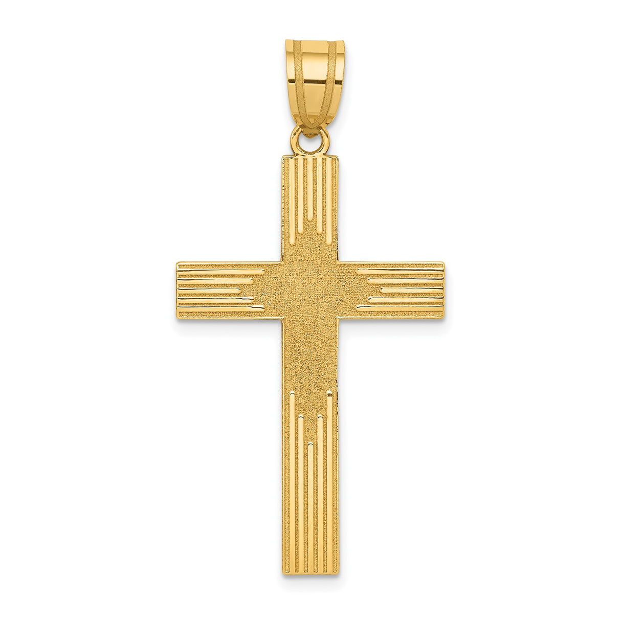 14k Yellow Gold Cross Pendant with Textured Center and Radiant Line Detailing