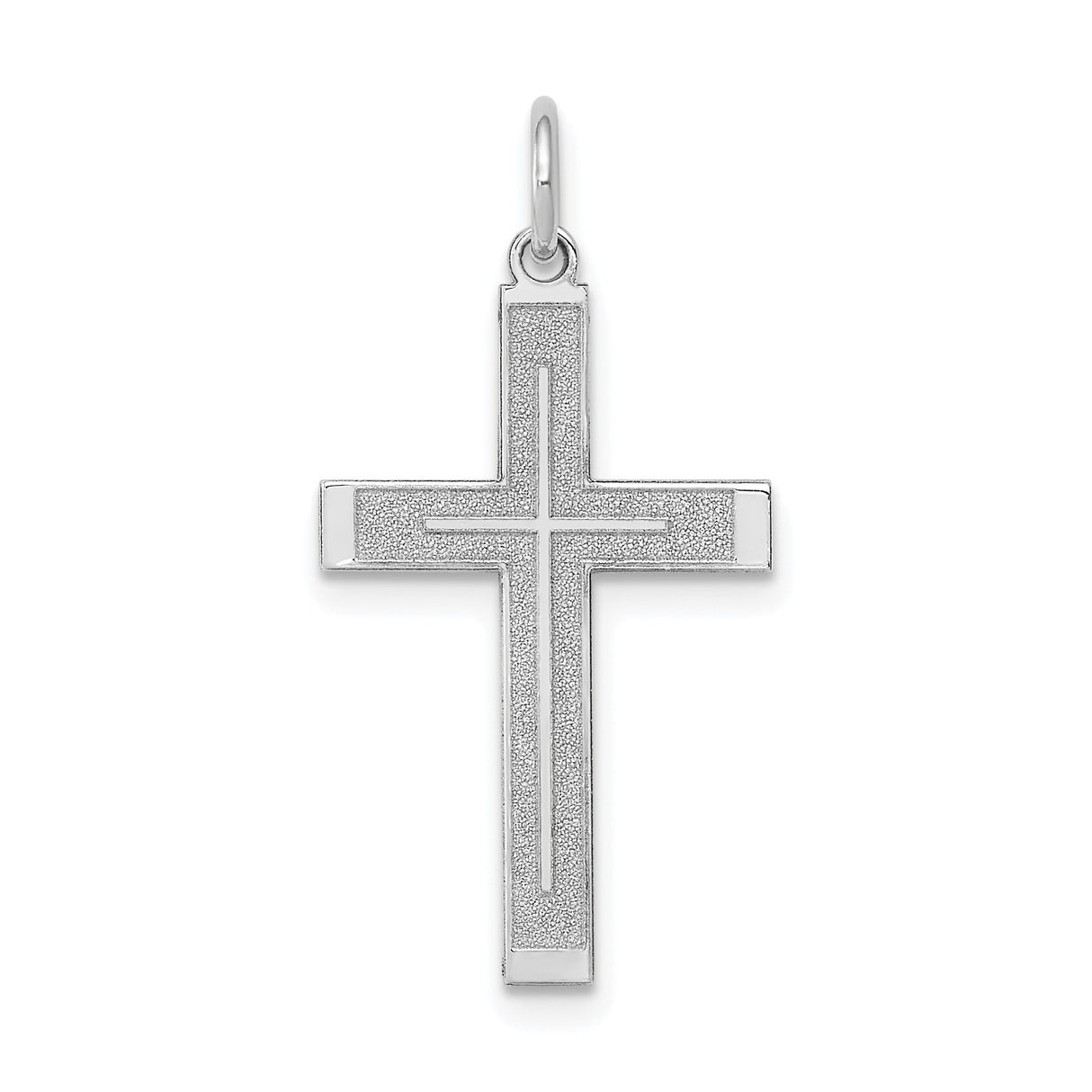 14k White Gold Cross Pendant with Textured Background and Polished Inner Cross Design