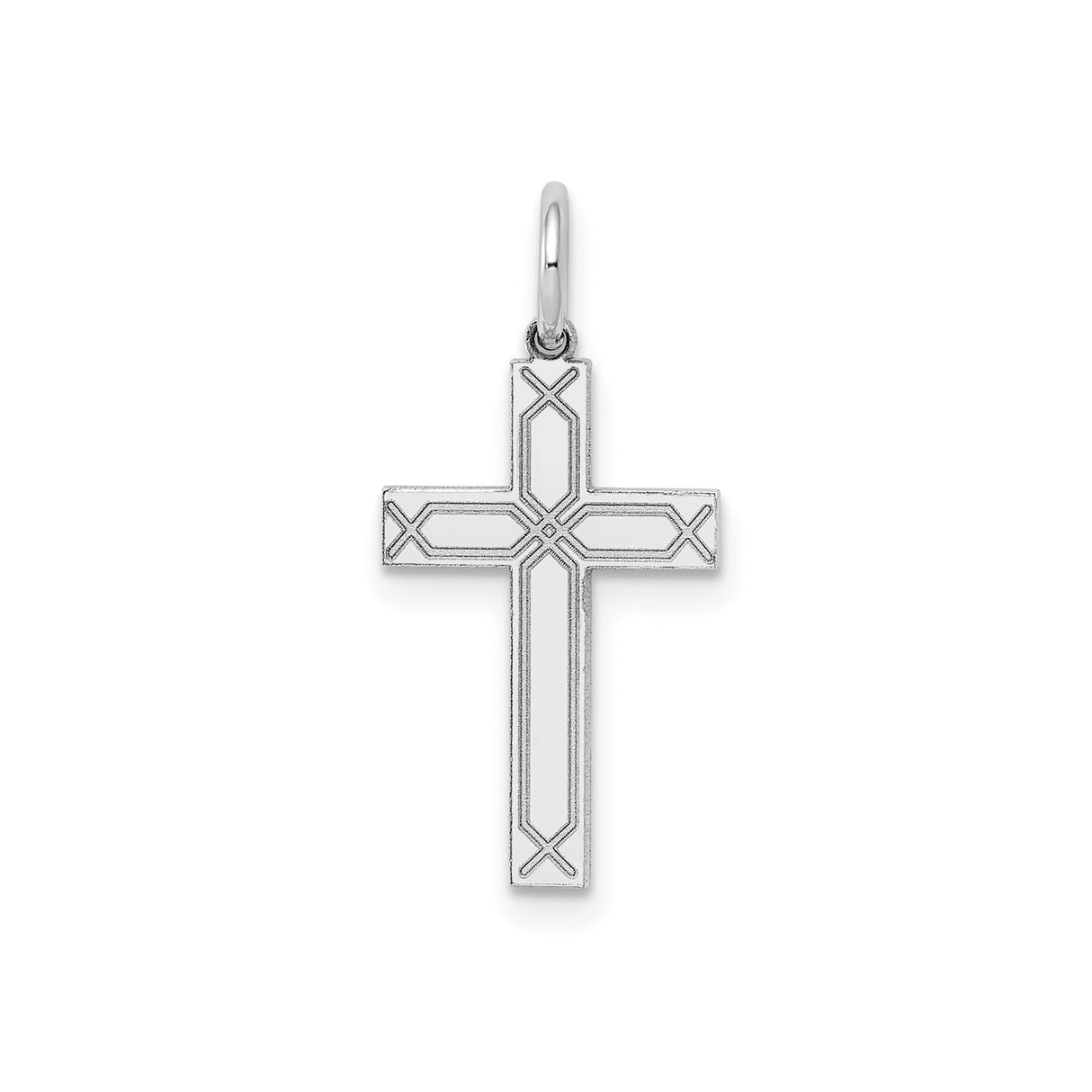 14k White Gold Cross Pendant with Geometric Pattern, Christian Religious Jewelry