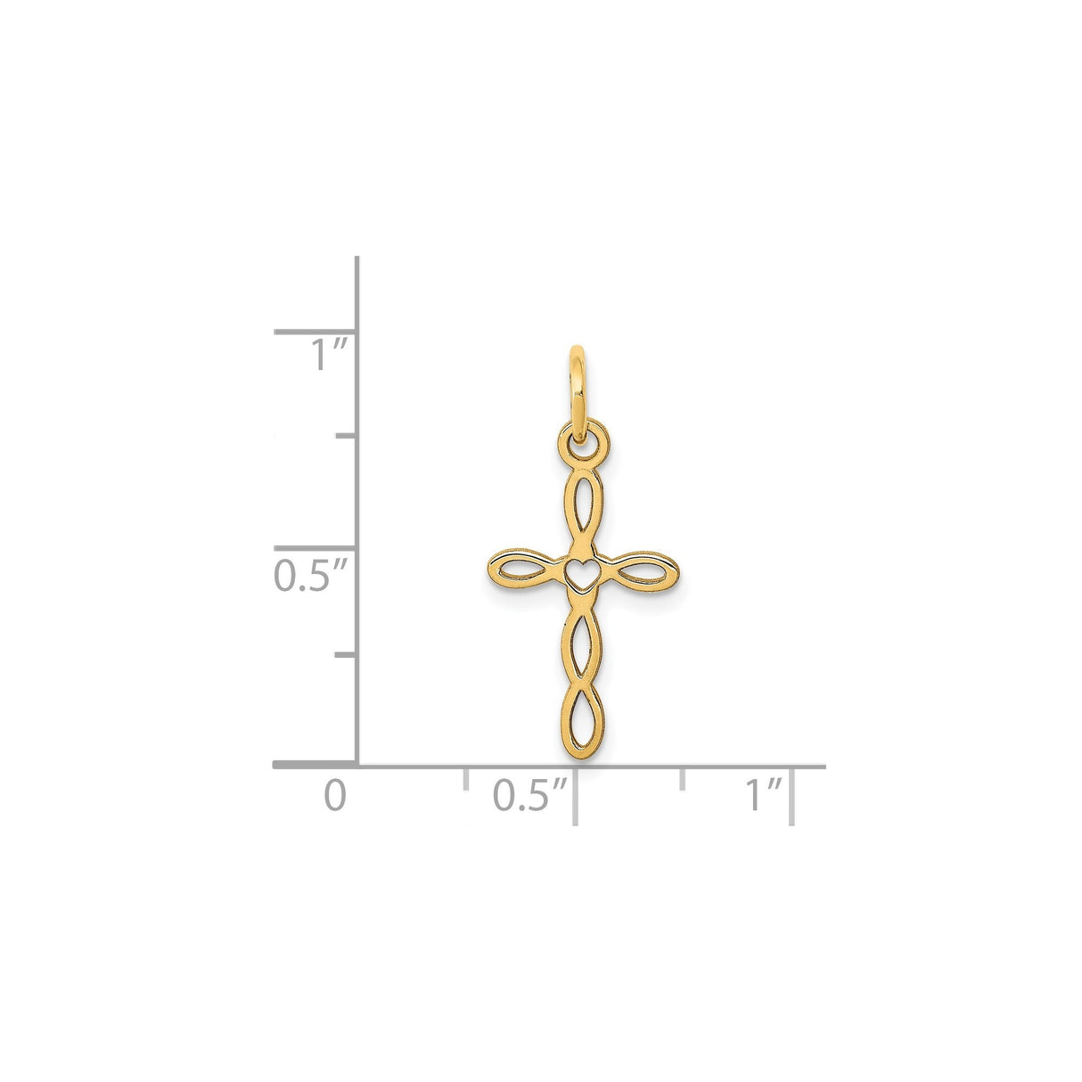 14k Yellow Gold Cross Pendant with Heart Center, Open Loop Design, Latin Christian Symbol for Women
