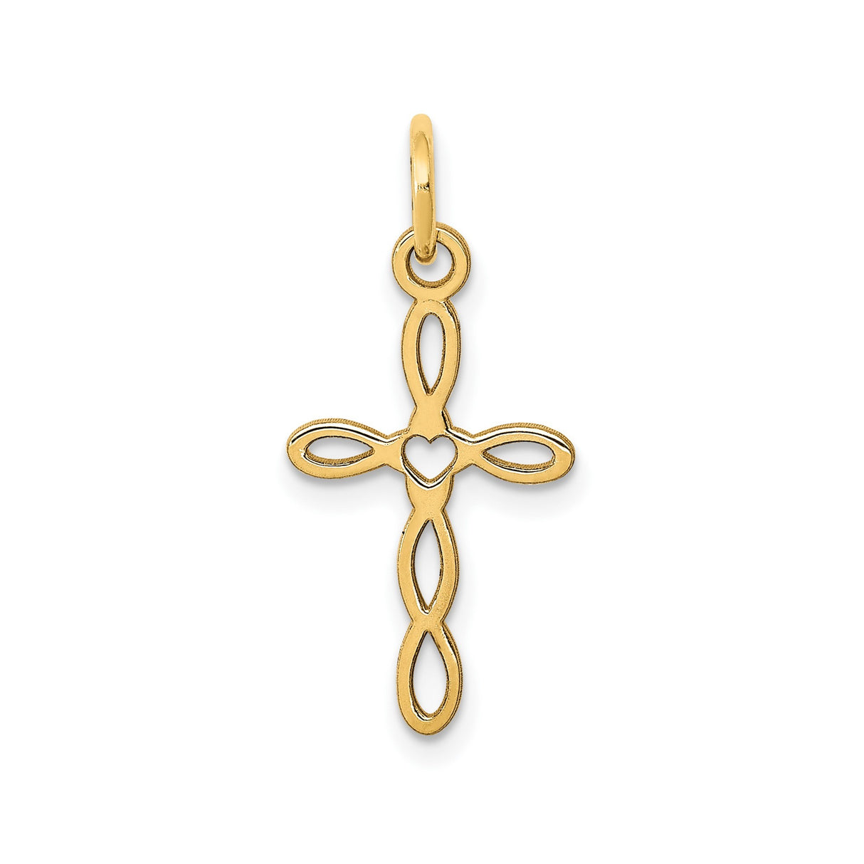14k Yellow Gold Cross Pendant with Heart Center, Open Loop Design, Latin Christian Symbol for Women