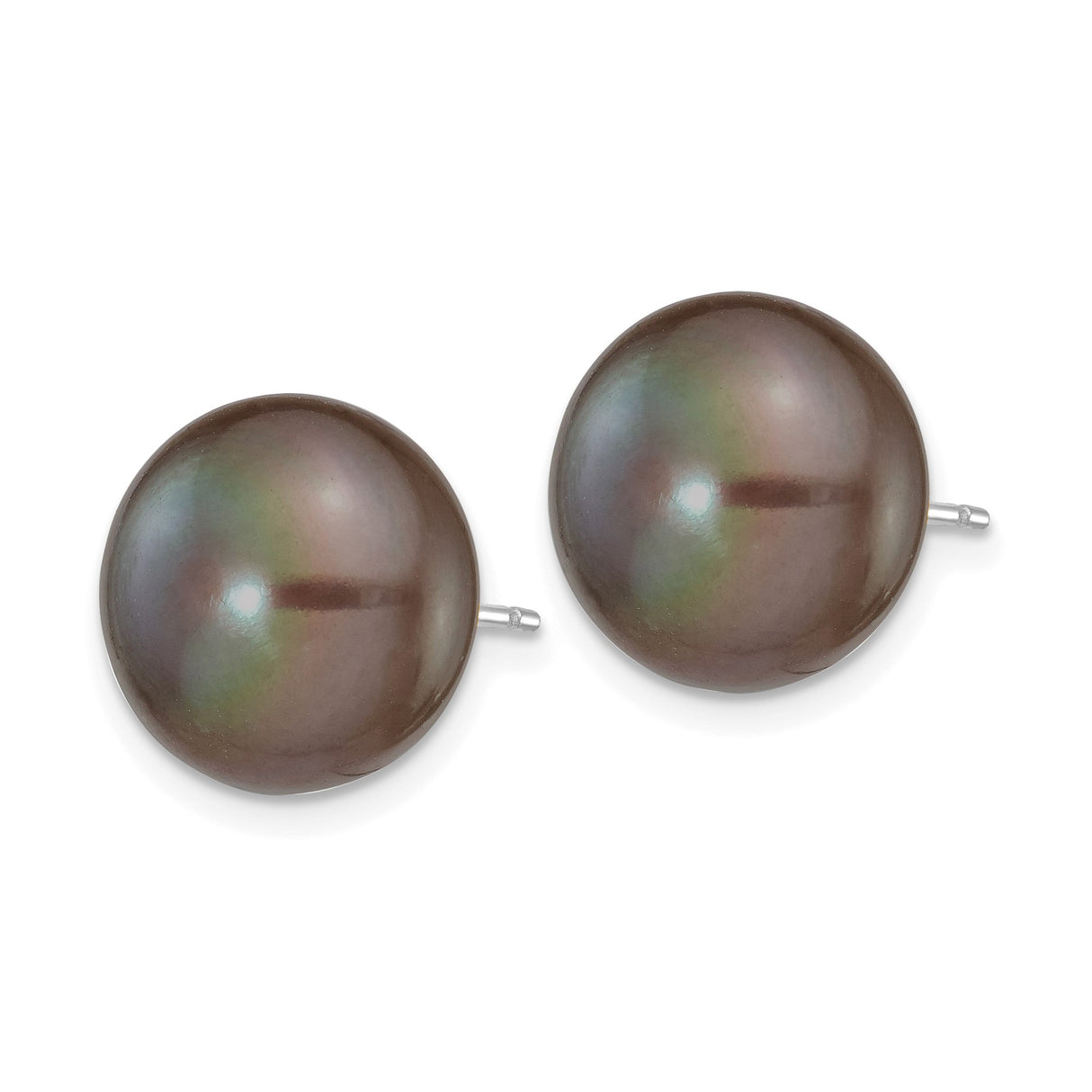 14k White Gold Pearl Stud Earrings, Black Cultured Round Button Design for Women