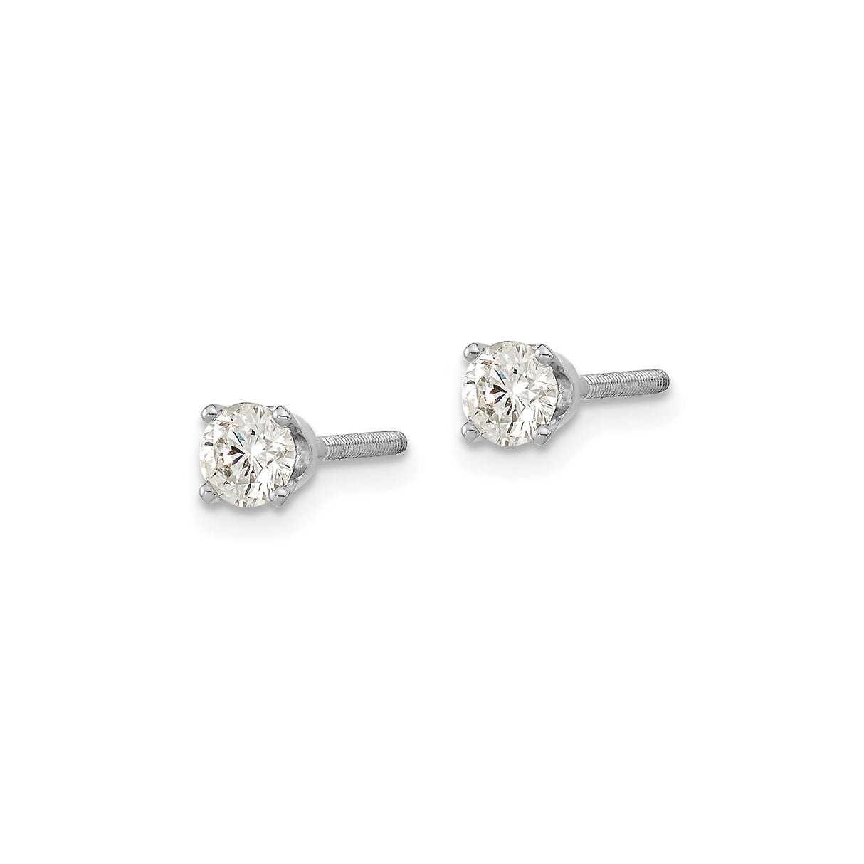 14k White Gold Diamond Stud Earrings, Round Cut Solitaire in Four Prong Setting