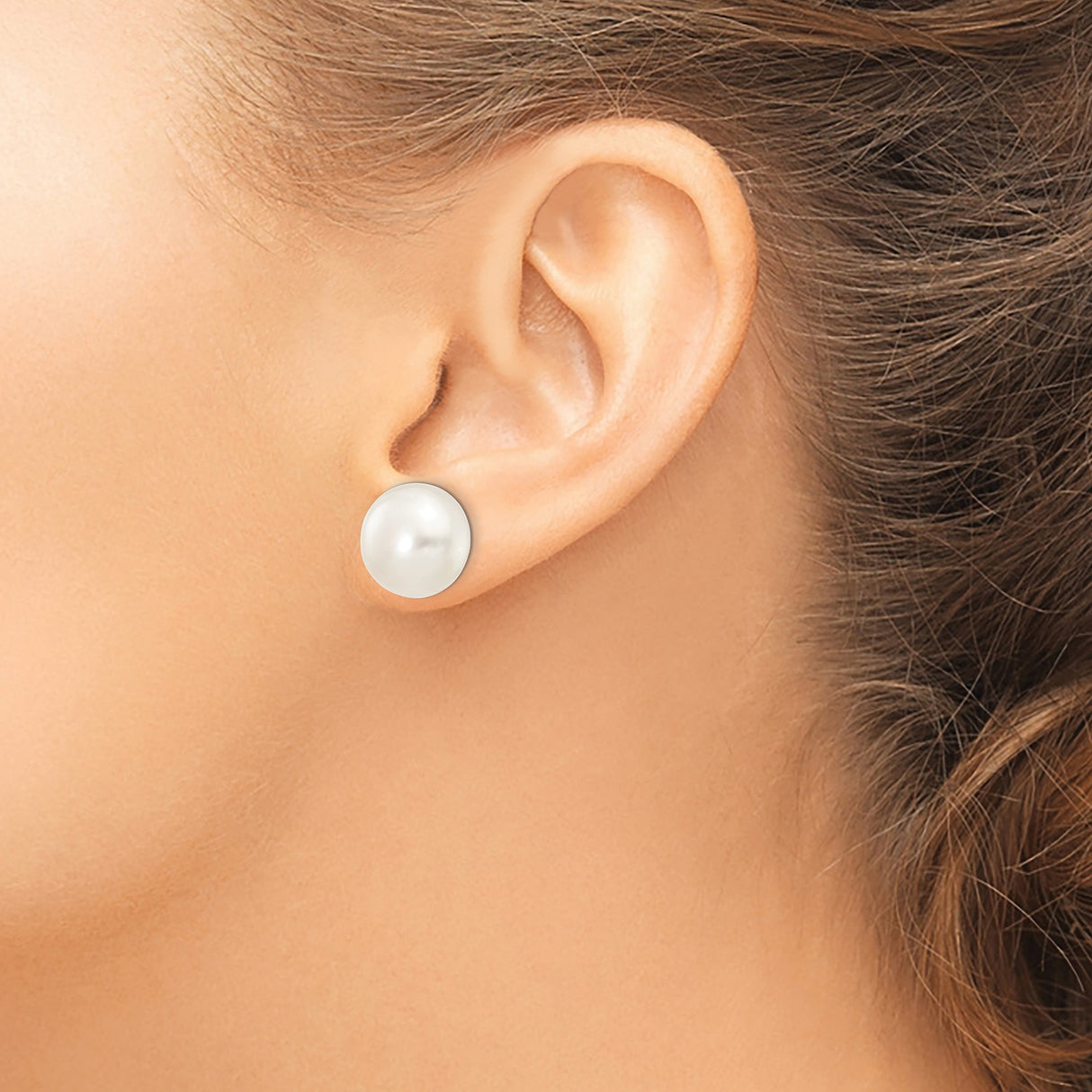 14k White Gold Pearl Stud Earrings, Classic Button Design for Women
