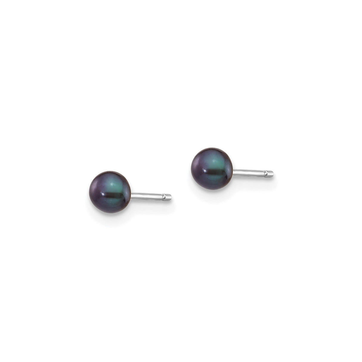 14k White Gold Stud Earrings with Black Cultured Round Pearls, Iridescent Green and Purple Hues