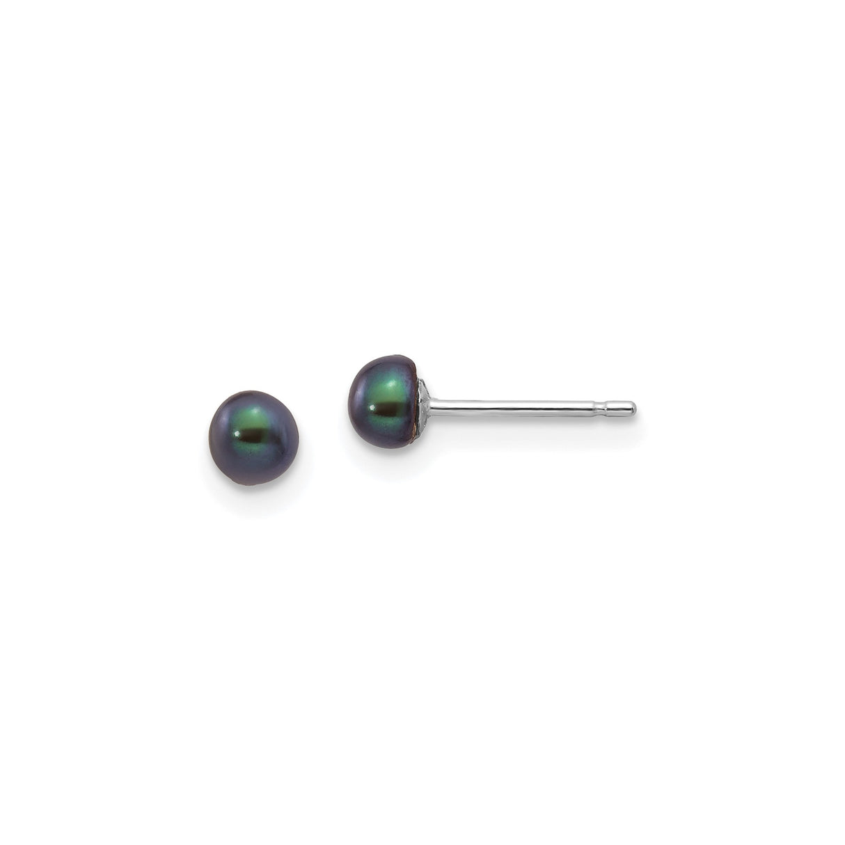 14k White Gold Stud Earrings with Black Cultured Round Pearls, Iridescent Green and Purple Hues