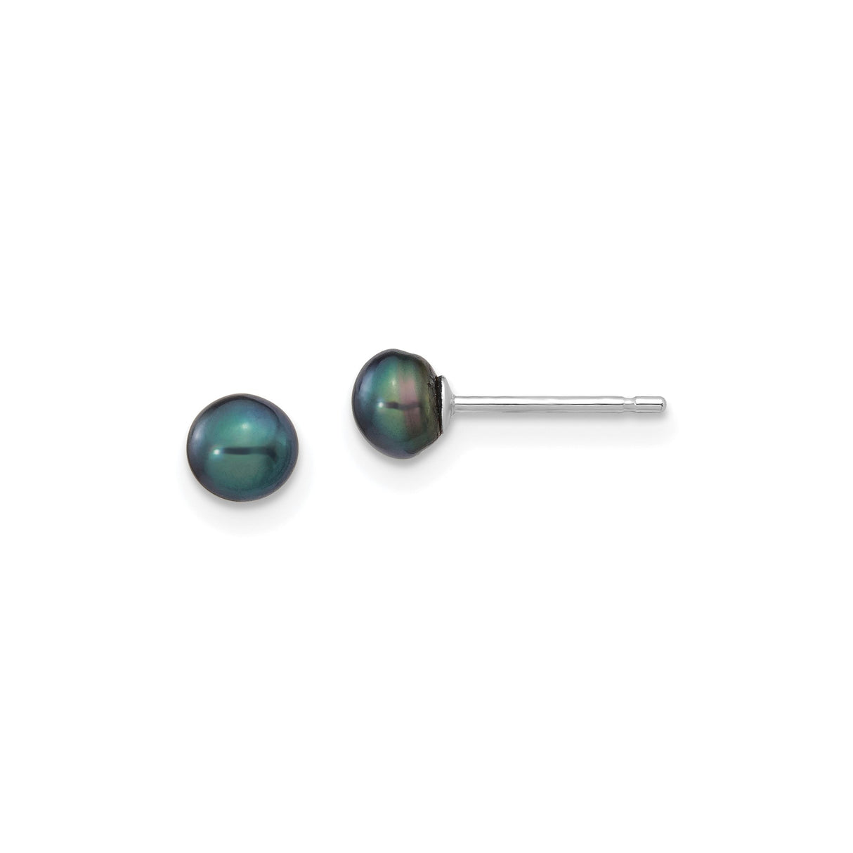 14k White Gold Stud Earrings with Black Cultured Pearls, Iridescent Finish, Minimalist Design