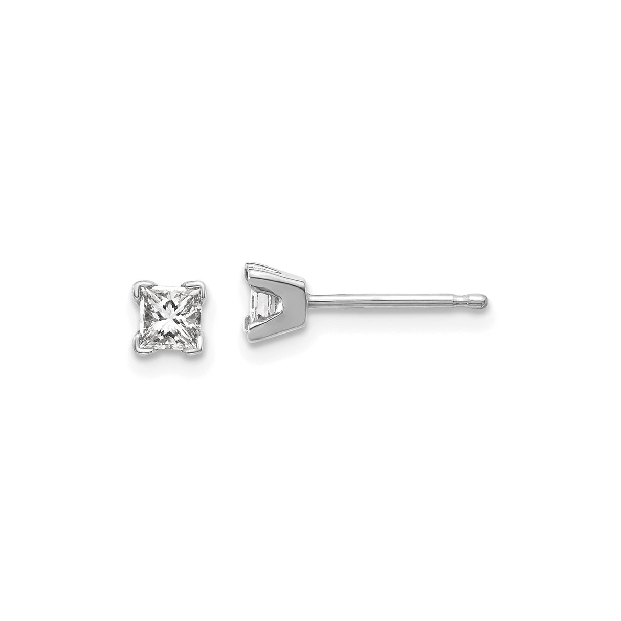 14k White Gold Stud Earrings with Princess Cut Diamond, Solitaire Minimalist Design