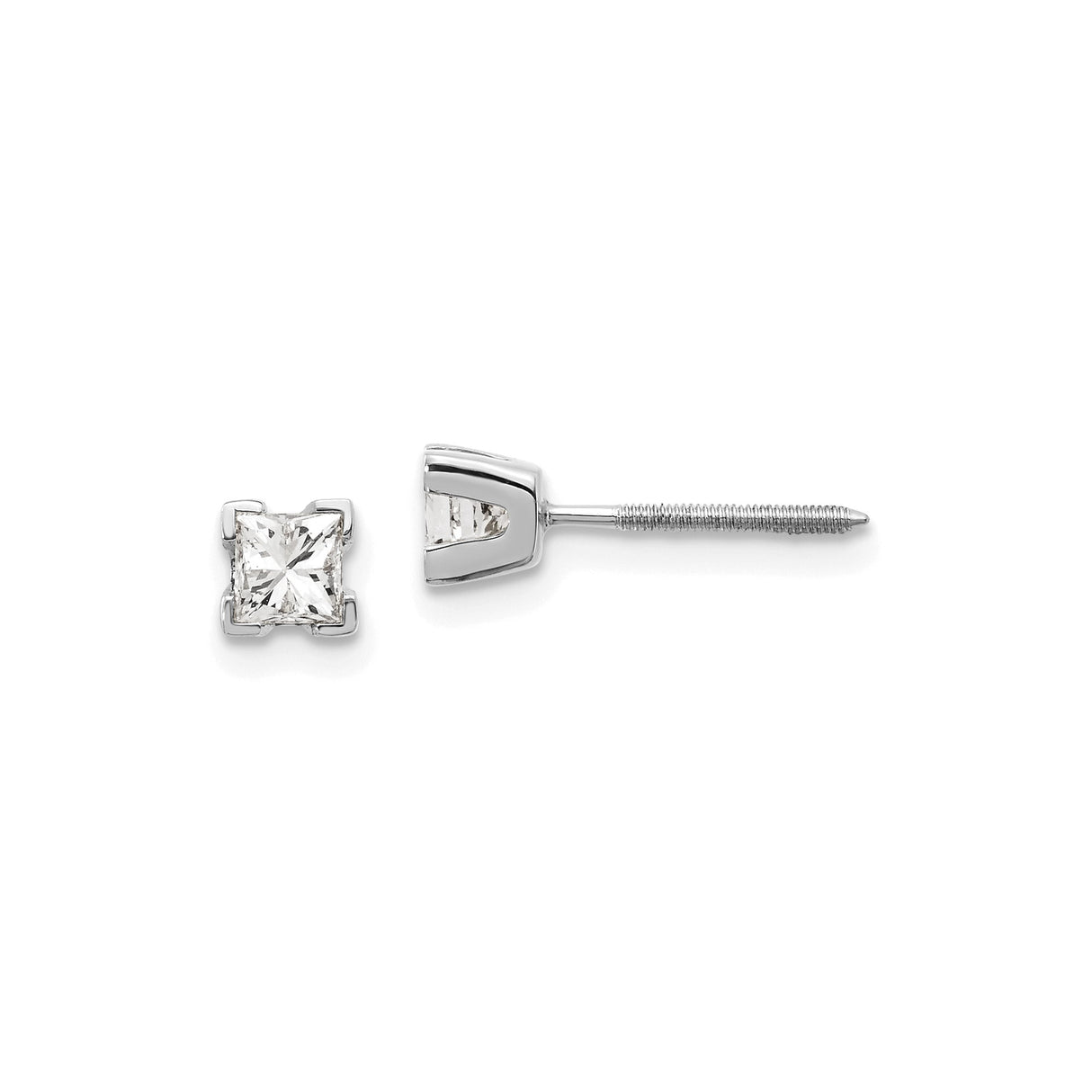 14k White Gold Stud Earring with Princess Cut Diamond, Modern Claw Setting, Screw Back, Unisex Style