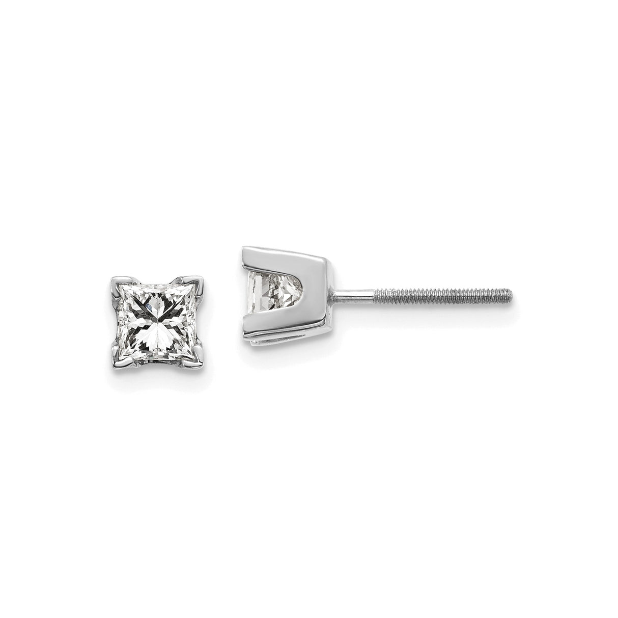 14k White Gold Diamond Stud Earrings, Princess Cut, Four Prong, Screw Back
