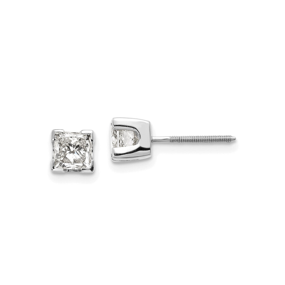 14k White Gold Diamond Stud Earrings, Princess Cut, Four Prong Setting, Screw Back