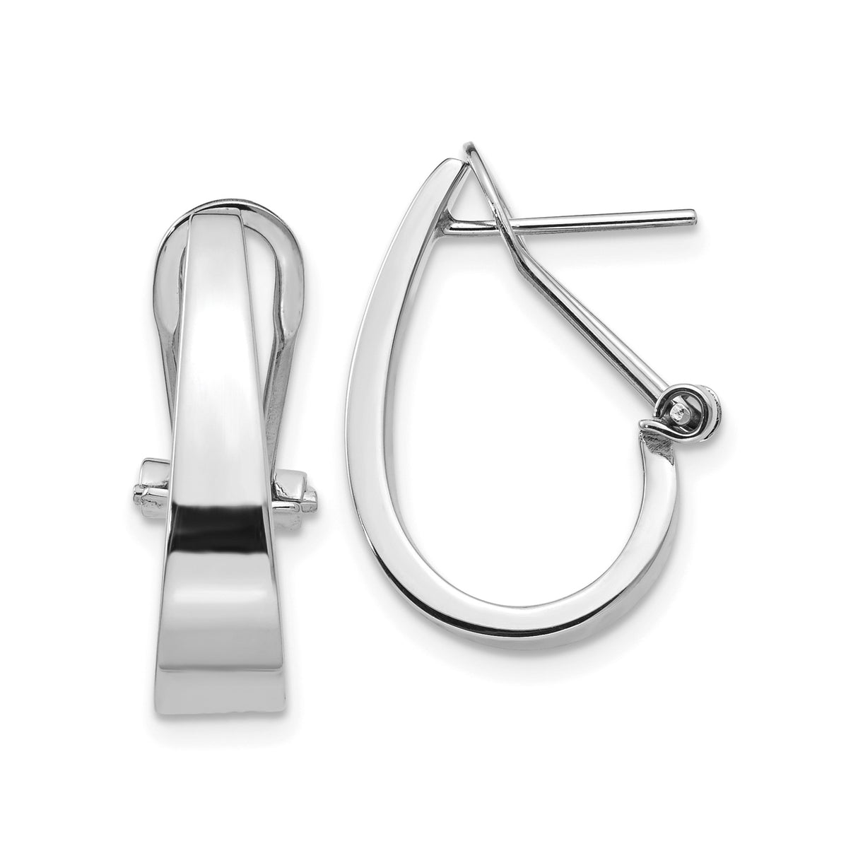 14k White Gold Teardrop Hoop Earrings, High Polish Tapered Omega Back, Minimalist Design for Women