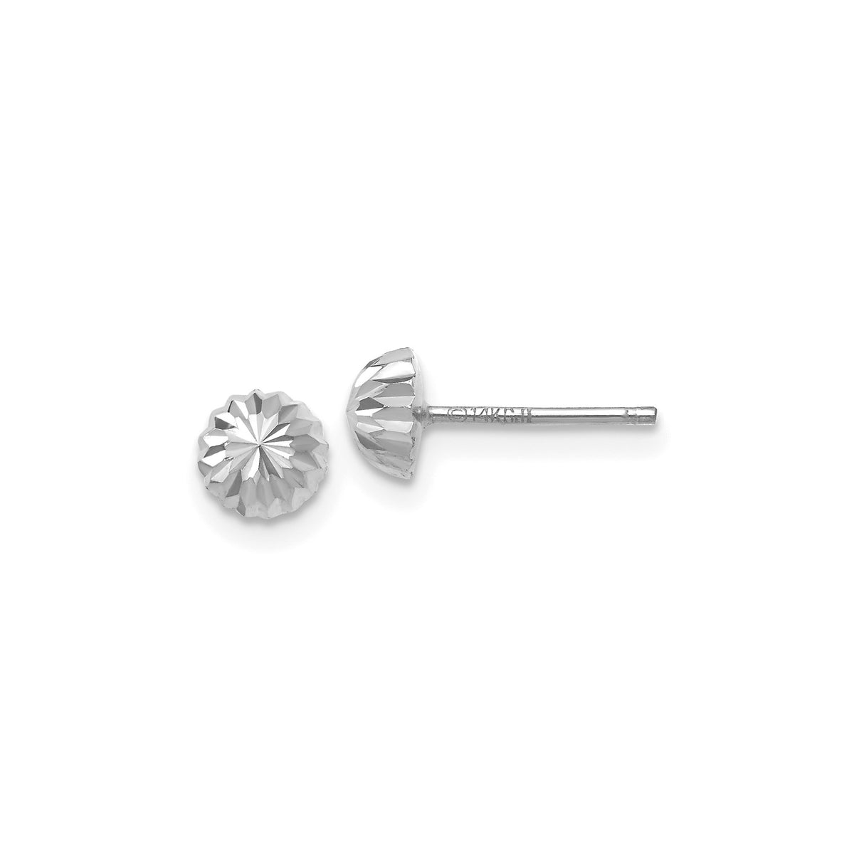 14k White Gold Faceted Dome Stud Earrings with Starburst Design, Geometric Polished Finish