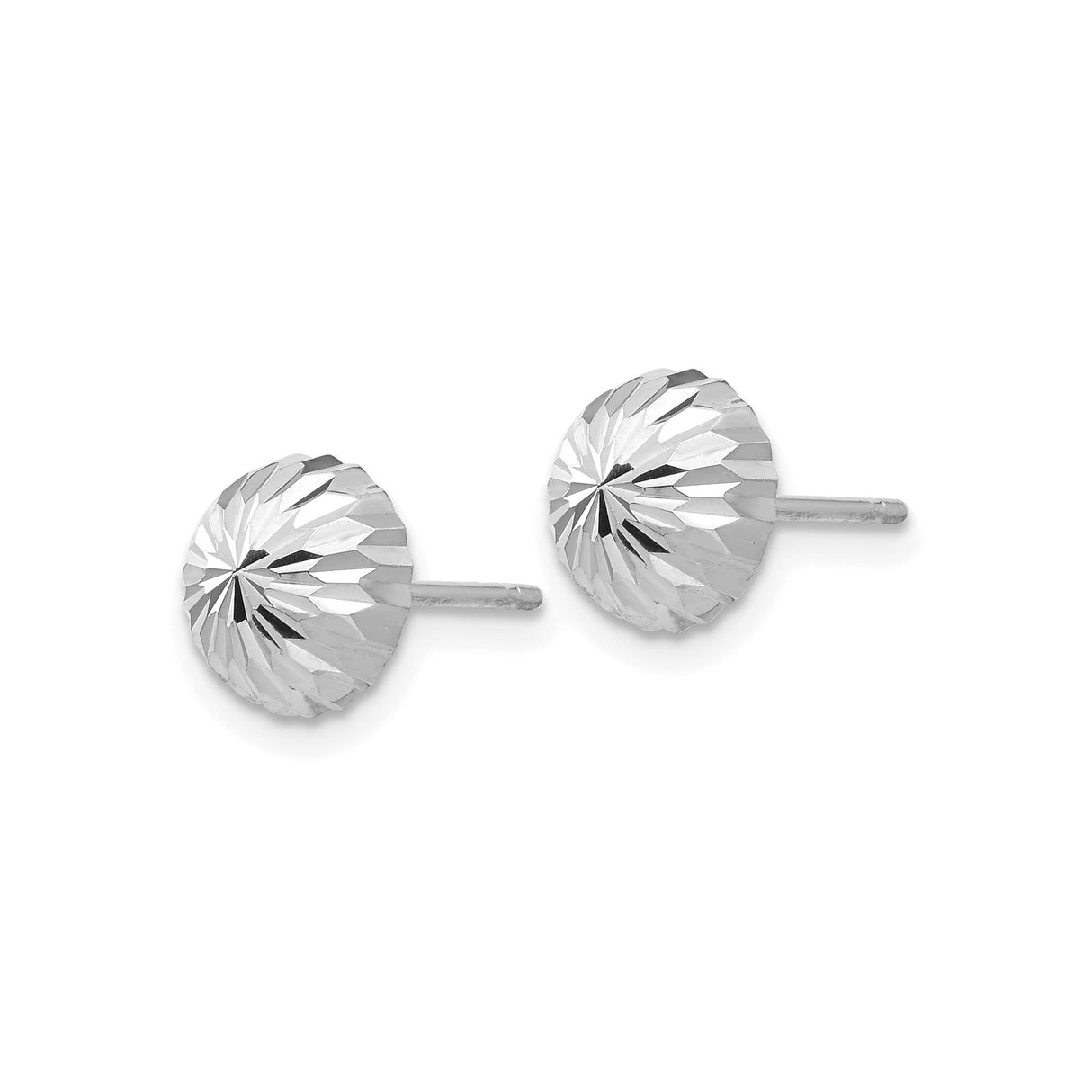 14k White Gold Faceted Dome Stud Earrings with Sunburst Design and Textured Finish