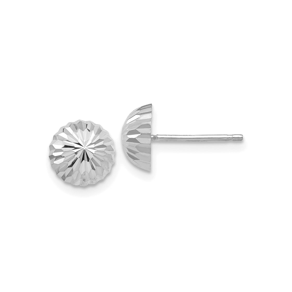14k White Gold Faceted Dome Stud Earrings with Sunburst Design and Textured Finish