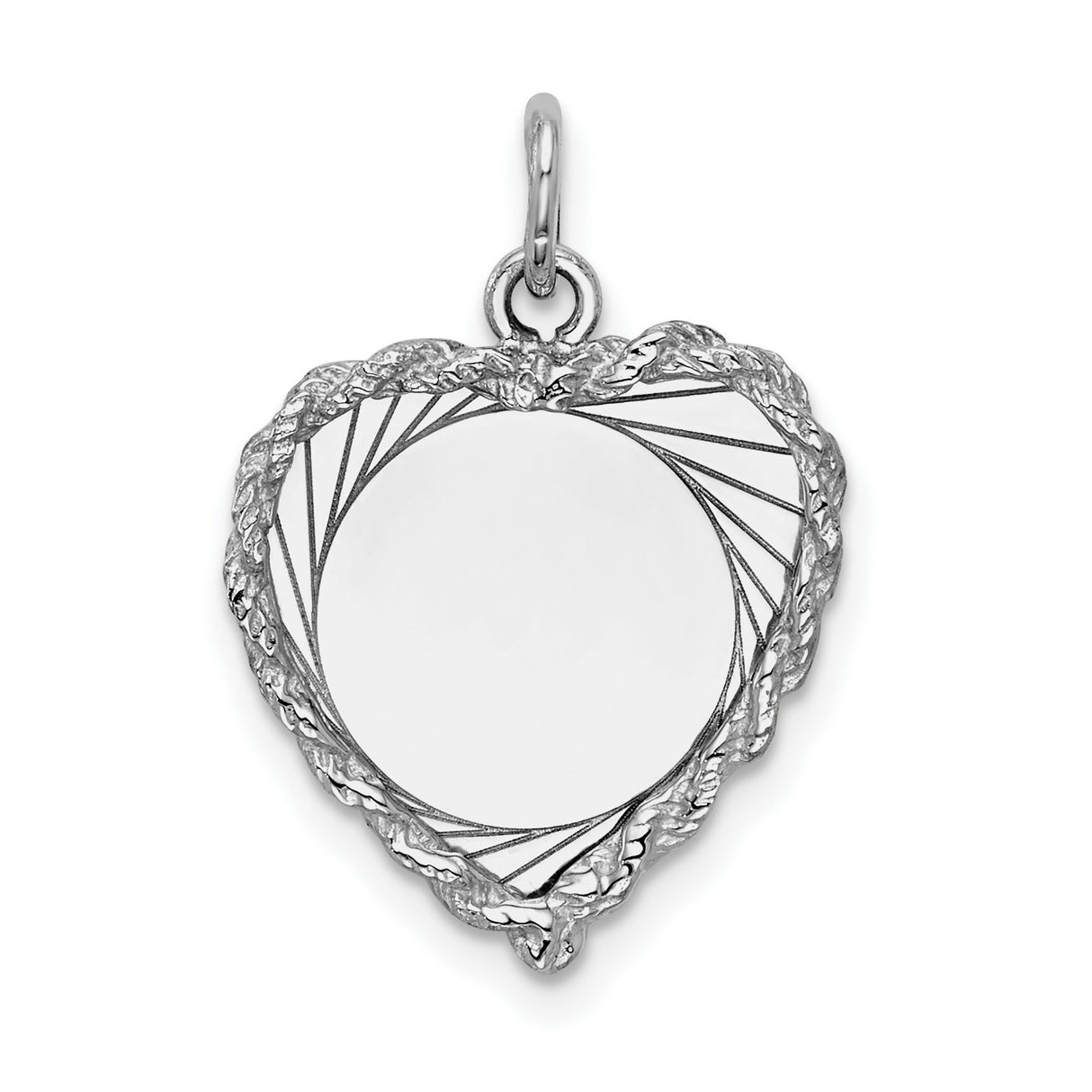 14k White Gold Heart Pendant with Textured Leaf Border and Polished Finish