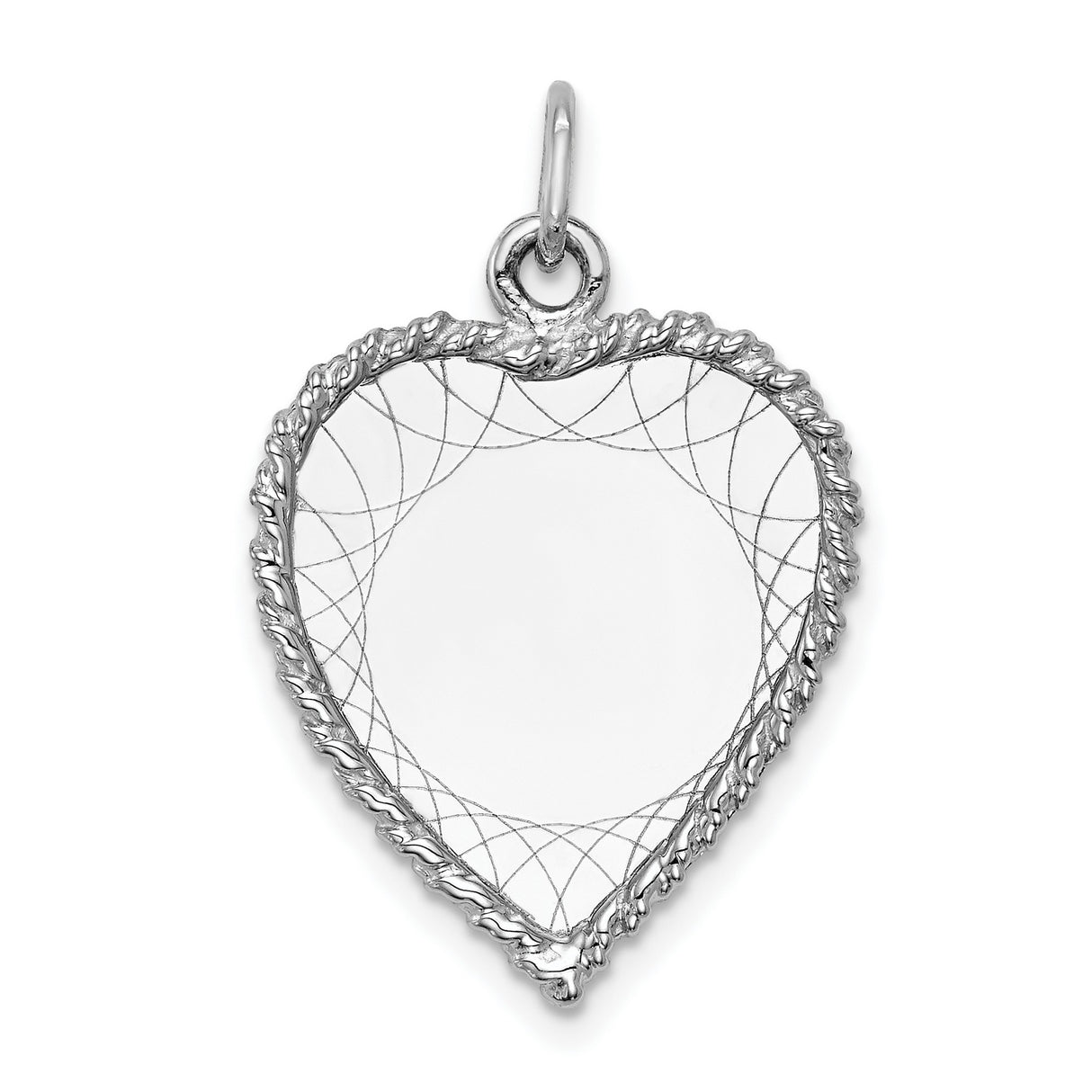 14k White Gold Heart Pendant with Textured Rope Border and Line Detail