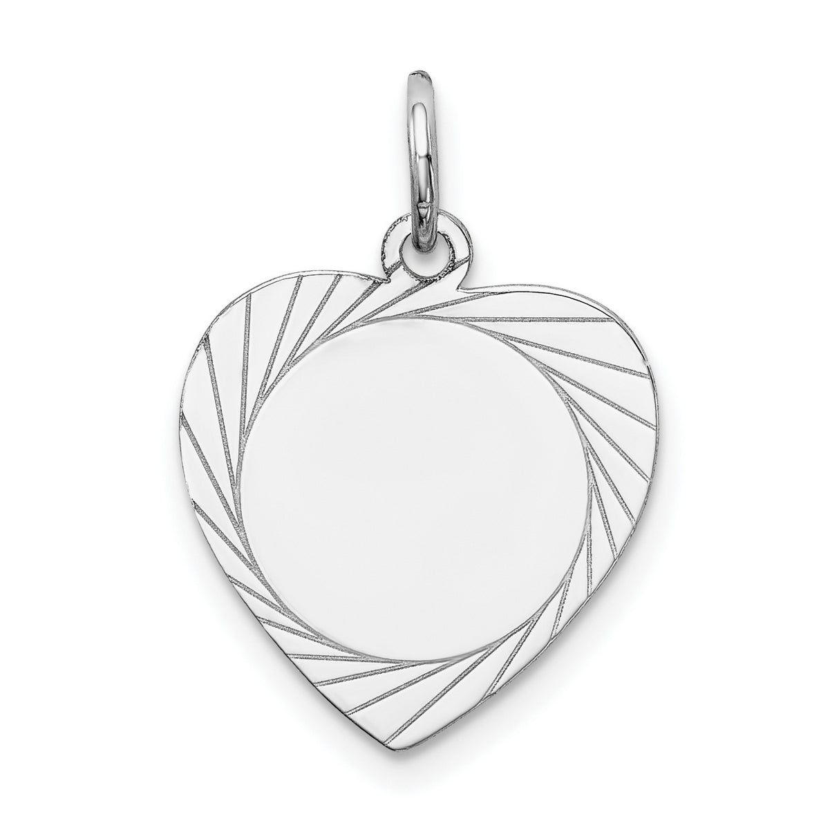 14k White Gold Heart Pendant with Abstract Sunburst Design and Polished Engravable Center
