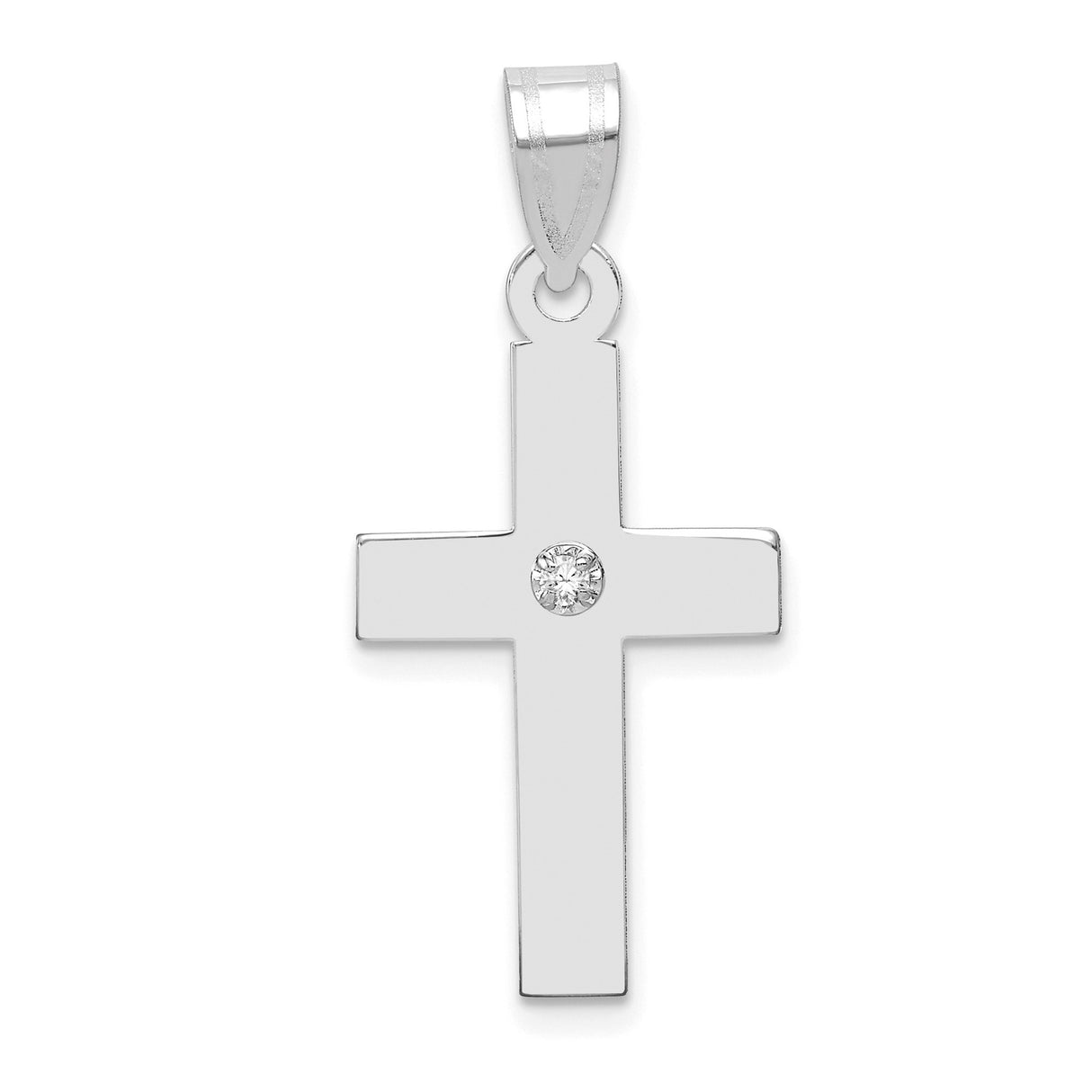 14k White Gold Cross Pendant with Diamond Accent, Polished Minimalist Christian Jewelry