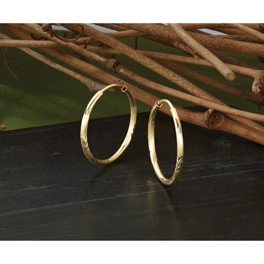 14k Yellow Gold Hoop Earrings, Polished Textured Diamond-Cut Lightweight Design for Women