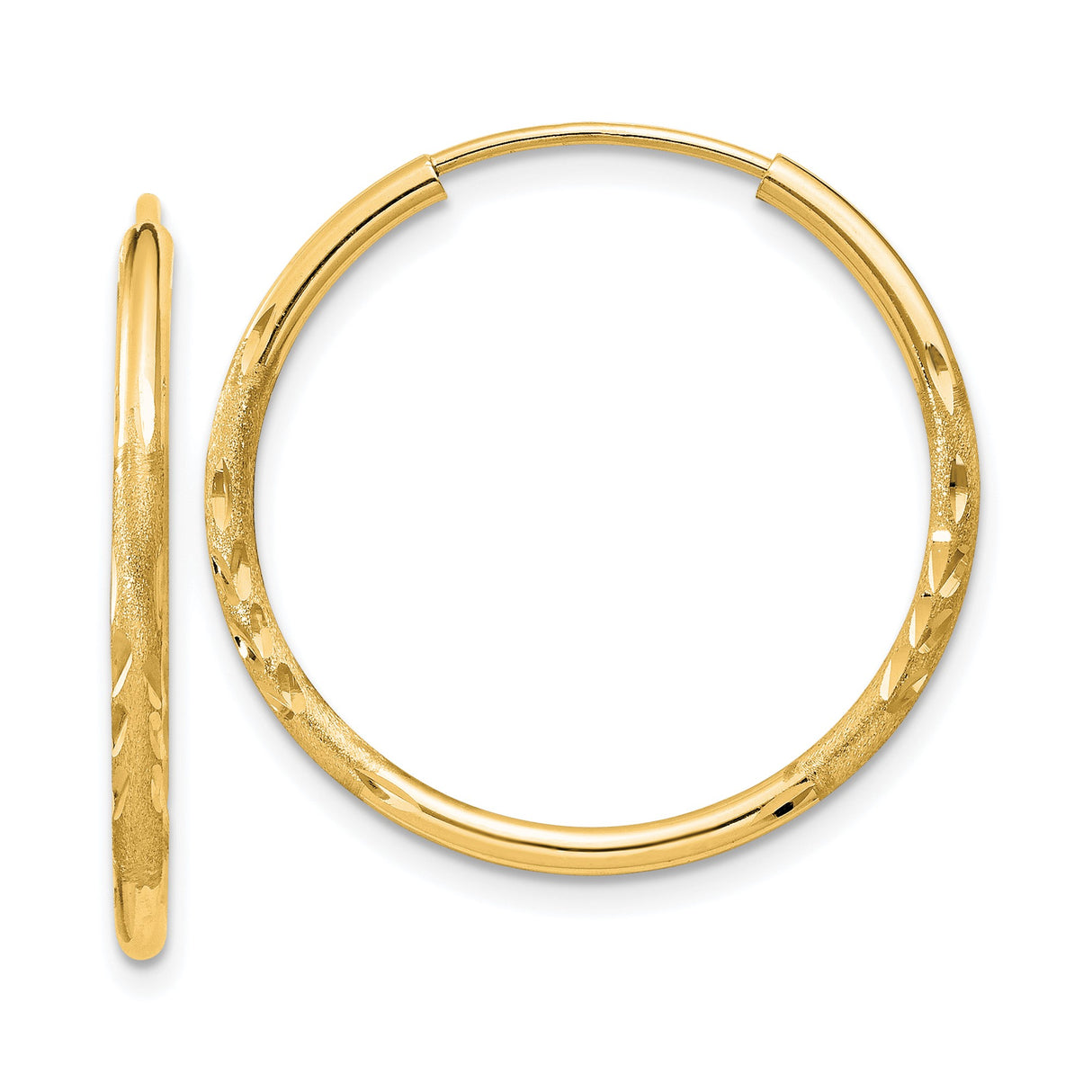 14k Yellow Gold Hoop Earrings, Polished Textured Diamond-Cut Lightweight Design for Women