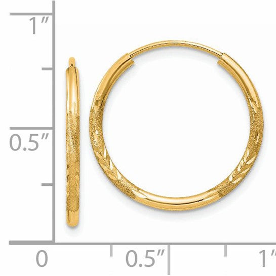 14k Yellow Gold Hoop Earrings, Lightweight Polished and Textured Leaf Design