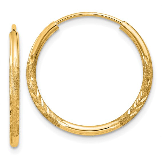 14k Yellow Gold Hoop Earrings, Lightweight Polished and Textured Leaf Design