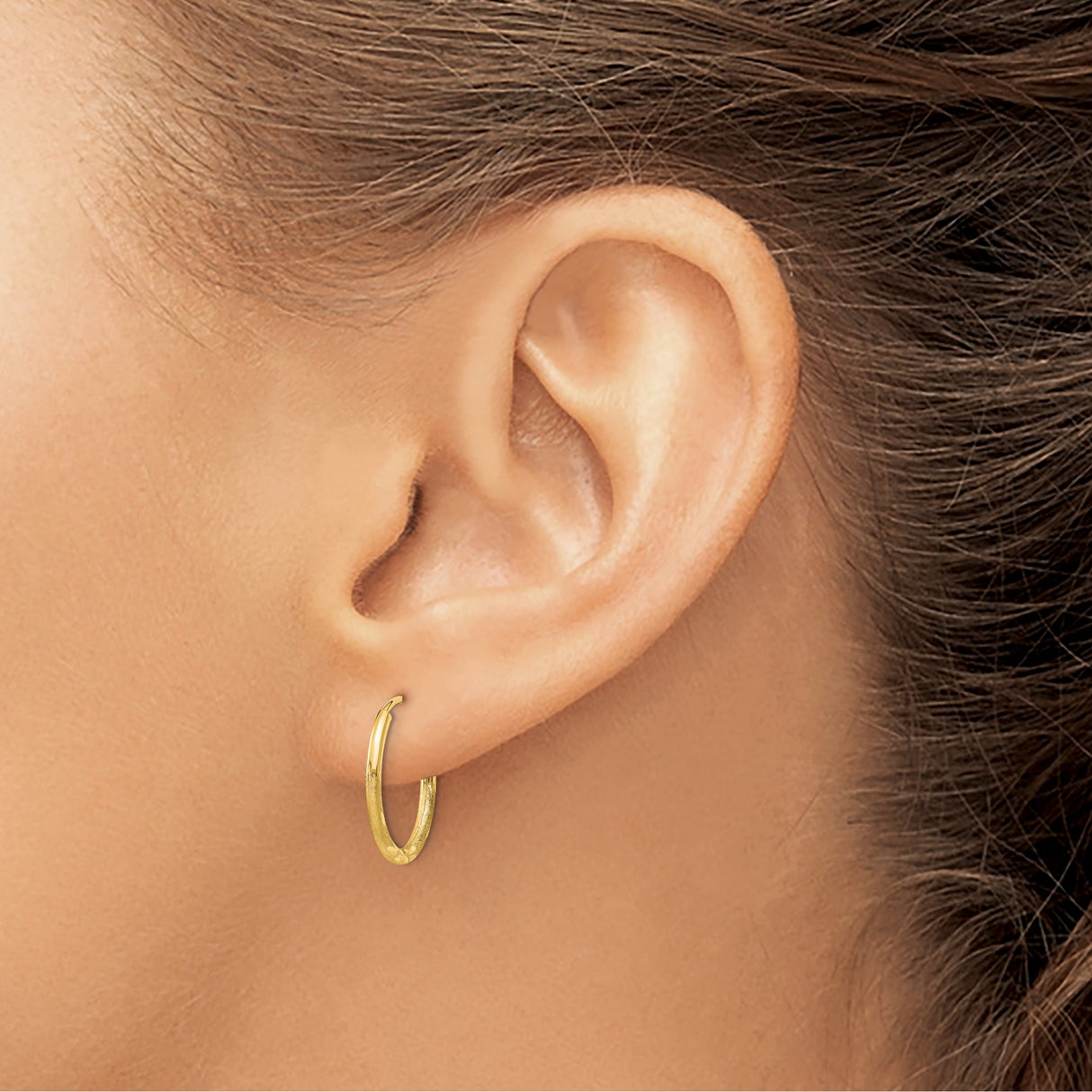 14k Yellow Gold Hoop Earrings with Polished Finish and Subtle Leaf Pattern