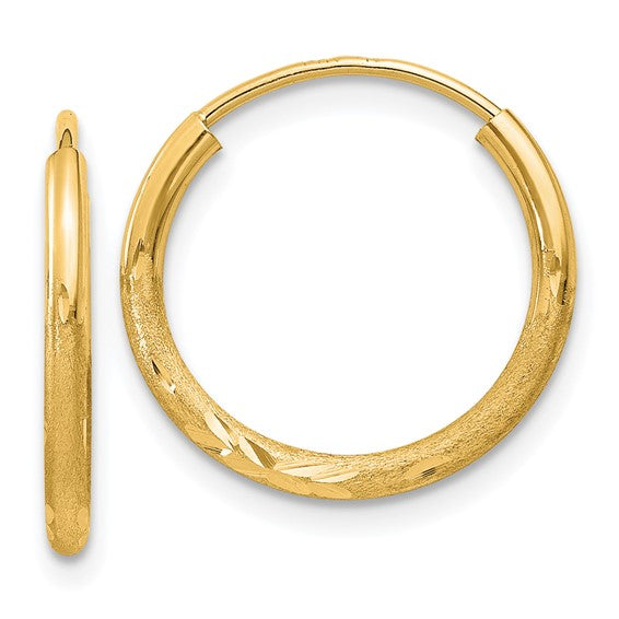 14k Yellow Gold Hoop Earrings with Polished Finish and Subtle Leaf Pattern