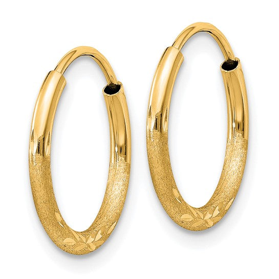 14k Yellow Gold Hoop Earrings with Textured Diamond Cut Leaf Design, Polished and Satin Finish