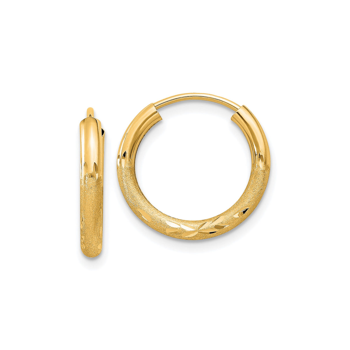 14k Yellow Gold Hoop Earrings with Textured Diamond-Cut Finish and Satin Detail