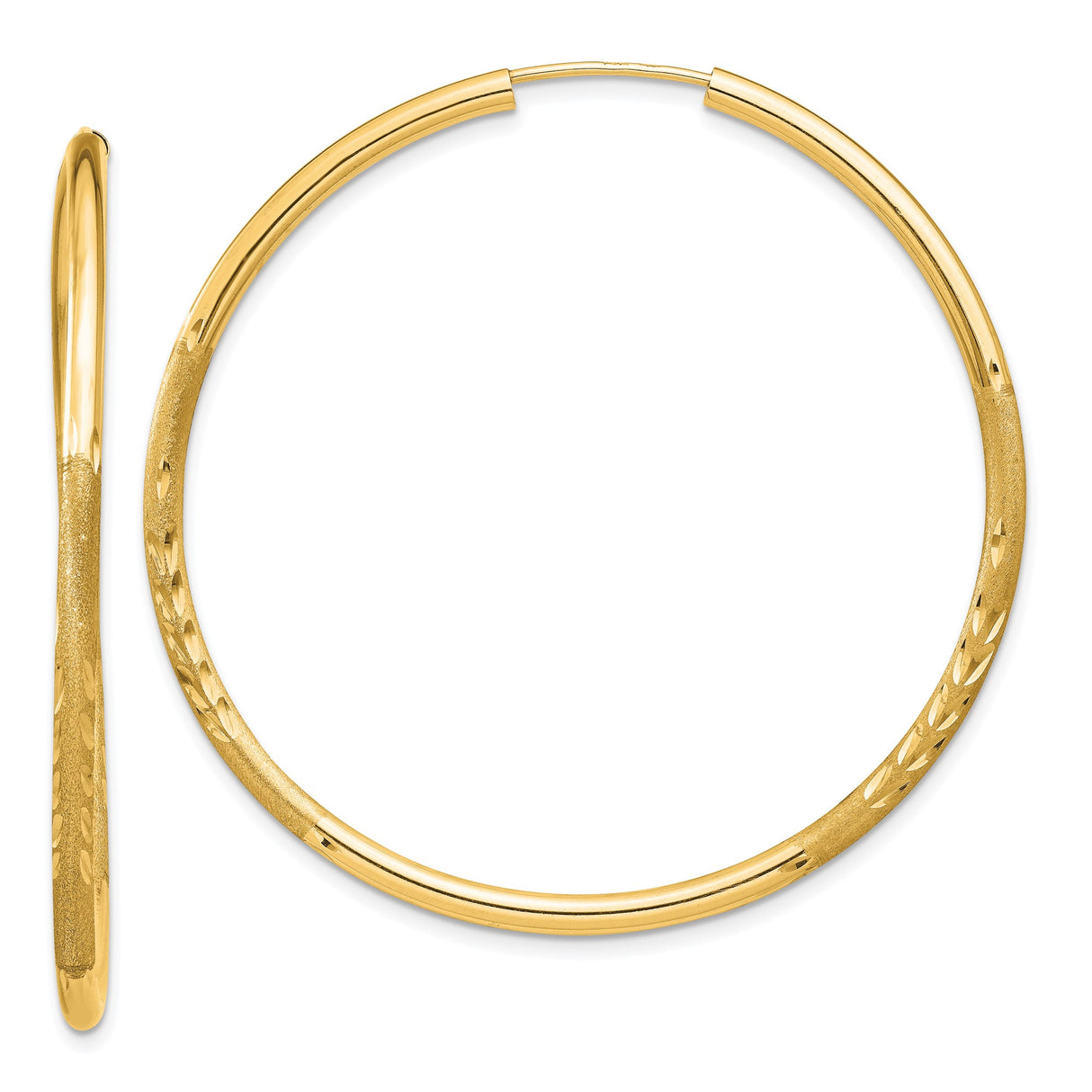 14k Yellow Gold Hoop Earrings, Polished and Textured Diamond Cut Finish, Lightweight Classic Design